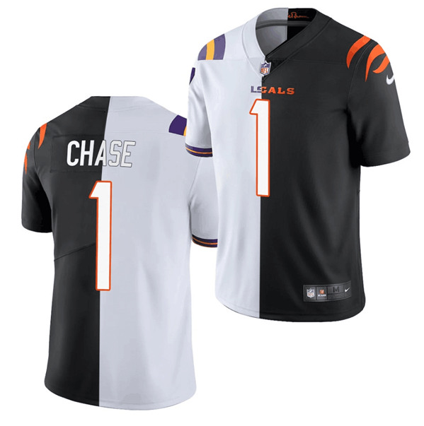 Men's Black/White Cincinnati Bengals #1 Ja'Marr Chase 2021 Split Stitched NFL Jersey